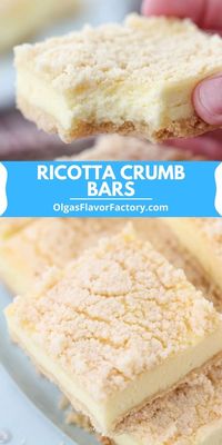 These Ricotta Crumb Bars are really tender, creamy and soft. They have a sandy, buttery crust and topping, with a sweet cheese filling.