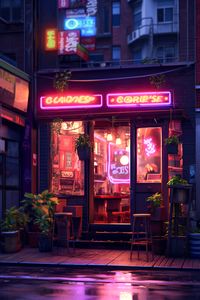 Enjoy the comforting scent of freshly brewed coffee intertwined with the gentle hum of high-tech gadgets. iamsentient_ Created in Midjourney #digitalart #street #urban #digitalartwork #aiart #wallpaper #midjourney #midjourneyart #alley #conceptshops #settings #worldbuilding #cyberpunk #vaporwave #architecturedesign