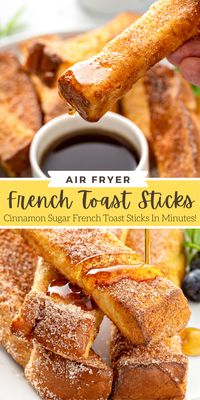 These easy French Toast Sticks have soft, fluffy insides and crispy cinnamon sugar outsides making them simply irresistible! They're fun to dip, insanely tasty, and are quick to make in the air fryer. #FrenchToast #AirFryer #BreakfastIdeas #Breakfast #FrenchToastSticks