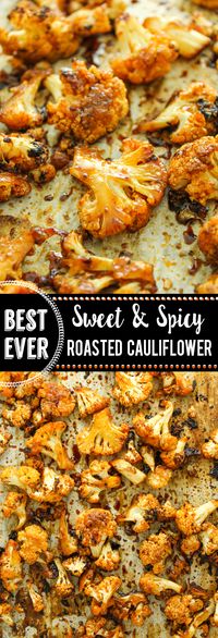 VEGAN Sweet and Spicy Roasted Cauliflower –– FAVORITE easy side dish. Toss everything in a bag, roast it, and you're done. I usually eat half of it off the sheet pan before dinner!!