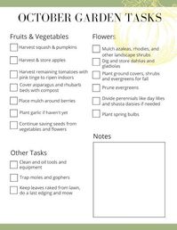 A free monthly checklist of basic garden tasks for the month of October - collect all months to make your own garden journal.