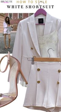 Brunette from Wall Street presents #howtostyle #white #shortsuit and the best #whitesummeroutfits Veronika Lipar fashion editor of Brunette from Wall Street is wearing a #whiteblazer with #whiteshorts and #sandals #brideoutfit that is not a dress and you can wear all #summer long. Check the link for more #bridalshoweroutfits #bridalpartyoutfits