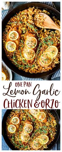 One Pan Lemon Garlic Chicken and Orzo Pasta - a skillet dinner recipe that is full of fresh, lemony flavors. It's very easy to make, quick enough for dinner on busy weeknights, and it's beautiful presentation in a cast iron pan makes it perfect for entertaining, as well. This recipe can easily be made gluten free. | #chicken #dinnerideas #lemongarlicchicken #skilletmeals #glutenfree