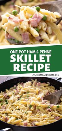 Looking for leftover ham recipes? This One Pot Ham & Penne Skillet is the perfect one to use! It has diced ham, penne pasta, and peas in a creamy sauce.  It makes a quick and easy one-pot meal. Throw this in your pot and make it tonight for dinner!