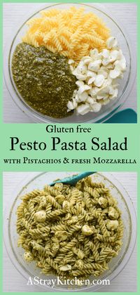 Easy and delicious Pasta Salad with fresh Pistachio pesto, Mozzarella balls and gluten free pasta. The pesto is earthy and bright with flavor and the mozzarella bits are creamy and add the perfect texture. It's one of the easiest salads to whip up and is a hit at every gathering and potluck I take it to.