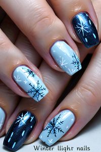 Stay stylish this winter with these gorgeous snowflake nails in light blue and dark accents. Nail inspiration for the cold weather!