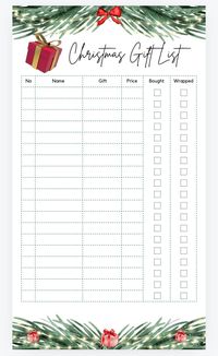 25th December is fast approaching time to start getting organised 🎄 Don't know about you buy I have loads of people to buy for, can never remember what they want and after I buy a gift I forget I got it. This handy check list helps you keep on track of who, what and how much 🤣 This lovely template can be edited to your specific needs and either printed or emailed!! This is a digital item and will be sent to you after purchase with instructions (see photos) Have a wonderful Christmas 🎄 lots of