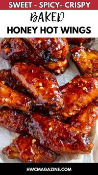 Grab those extra napkins! Oven baked honey hot wings are saucy, spicy, sweet, savory and ultra crispy. Learn our secret hacks for getting extra crispy chicken skin without frying, breading, or adding baking powder – its life changing! Try this easy chicken recipe as an appetizer for your next gathering.