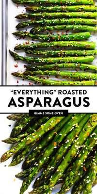 Kick your roasted asparagus recipe up a notch this season with some everything bagel seasoning! It's super quick and easy to make, naturally vegan and gluten-free, and makes the most delicious healthy side dish. | Gimme Some Oven #asparagus #side #vegetable #healthy #dinner #thanksgiving #christmas #holiday #fall #winter