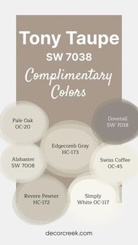 Tony Taupe SW 7038 by Sherwin-Williams is a warm, earthy neutral that adds depth and comfort to any room. It pairs well with soft whites like Alabaster SW 7008 and Simply White OC-117 for a light, balanced look. Neutrals such as Edgecomb Gray HC-173 and Revere Pewter HC-172 provide subtle contrast, while Dovetail SW 7018 offers bold depth. Pale Oak OC-20 and Swiss Coffee OC-45 complete the palette with a soft, warm touch.