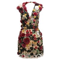 Red and multicolor floral beaded mini dress by Oscar de la Renta. Circa 2023. V-neckline. Cap sleeves. Open back. Back zip closure. 30" bust, 28" waist, 36.5" length, 17" shoulder width.