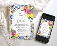 Mittelmeer Zitrone Hochzeitseinladung, blaue Fliesen Bougainvillea Zitrone, toskanische italienische Einladung, Santorini, moderne elegante einladen Verwenden Sie diese mediterrane Zitroneneinladung, um alle Benennungen, Schriftarten und Schriftfarben an Ihren Veranstaltungsstil anzupassen. Diese