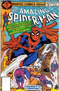 "Amazing Spider-Man #186 \"Chaos is the Chameleon!\" 32 pages 1978 Cover price $0.35. Marv Wolfman, Art by Keith Pollard and Mike Esposito Cover by Keith Pollard. Spider-Man is cleared of all charges in the deaths of Norman Osborn and Captain George Stacy. He holds a press conference in Central Park that is disrupted by the Chameleon. Cameo appearances by Professor Spencer Smythe, Aunt May, Flash Thompson, and Betty Brant. The Chameleon formerly appeared in Daredevil 134 and returns a decade lat