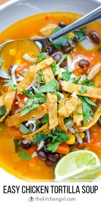 Easy Tortilla Soup made with rotisserie chicken, tomatoes, black beans, and corn. Naturally gluten-free. #chickentortillasoup #rotisseriechicken #30minutemeal #tortillasoup