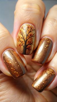 Bronze nails with glitter and a fall tree design on the ring finger. #BronzeNails #GlitterNails #FallTree #AutumnNailArt #SparkleVibes