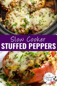 Sweet bell peppers stuffed with a classic savory ground beef and rice filling all in the slow cooker, makes these Crock Pot Stuffed Peppers a family favorite! EVERYTHING goes in uncooked and comes out one delicious, cozy meal.