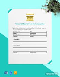 Instantly Download Time and Material Form for Construction Template, Sample & Example in Microsoft Word (DOC), Microsoft Excel (XLS), Apple (MAC) Pages, Apple (MAC) Numbers, Google Docs, Google Sheets (SPREADSHEETS) Format. Available in A4 & US Sizes. Quickly Customize. Easily Editable & Printable.