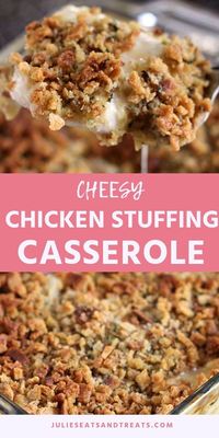 Cheesy Chicken Stuffing Casserole is the perfect weeknight dinner recipe! Juicy chicken breasts covered with a soup mixture and stuffing mix. The entire family will love this quick and easy meal! #chicken #recipe