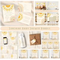 Our Sunshine Baby Shower Bundle is a digital file, with everything you need for your baby shower!  Once purchased, you will receive a document with links to the templates. You can then edit and personalise these on Canva. The links are not physical items. You'll be able to access the templates via Canva and print them at your own convenience.  - DESCRIPTION - The welcome bundle design is from our Sunshine Baby Shower collection, with watercolour sun and rainbow. - WHAT'S INCLUDED - 1. Printable Invitation (A5) 2. Cake Toppers (2in.) 3. Digital Invitation 4. Thank You Card (A5) 5. Welcome Sign (A1) 6. Welcome Sign (A4) 7. Personalised Banner (A5) 8. Calendar Game (A4) 9. Calendar Game (A1) 10. Custom Sign (A1) 11. Custom Sign (A4) 12. Bottle labels (6in.x4in.) 13. Baby Predictions Game (A5)