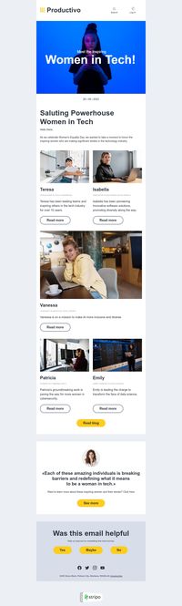 Women's Equality Day email template "Women in tech" for business industry. Create professional, responsive emails fast with no HTML skills. Explore our Email Templates for an impressive design. Follow us on Pinterest for more inspiration and tips. 🤗 #womensequalityday #emailinspiration #stripoemail #emailnewslettertemplate #emailtemplates #emaildesign #emailmarketingdesign #emailmarketing
