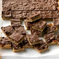 Here's an easy way to make turtle candies for a big group. These bars are very rich, so a little square will do ya. —Glenna Tooman, Boise, Idaho