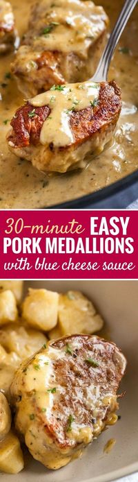 These tender Pork Tenderloin Medallions with a flavorful Blue Cheese Sauce make a delicious one-pan weeknight meal that's on the table in 30 minutes! A dinner fancy enough for a date night or entertaining guests but so easy to make even if you aren't totally kitchen confident. #weeknightdinners #porkmedallions #bluecheesesauce #dinnerrecipes #weeknightmeals #porktenderloin