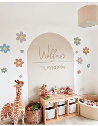 Our personalised playroom signs are perfect for your nursery, playroom or child's room.  They turn any room into a magical fun space. This listing is for our PERSONALISED PLAYROOM wall script. YOU CAN HAVE 1 CHILD'S NAME OR UP TO 4 CHILDREN'S NAMES FOR THIS SIGN.  The more names the smaller the writing will be per name on the top.  PLAYROOM will stay same size. Sizing - Your choice of sizing, sizing is approx only as its based on your spacing on the wall. 50cm Length x 30cm height 80cm Length x