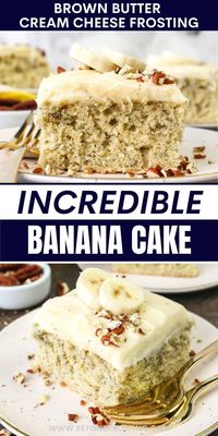 This moist banana cake is a soft and sweet cake recipe smothered with silky brown butter cream cheese frosting. Quick and easy to make! #banana #cake #brownedbutter