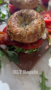 These BLT bagels are perfect for hot summer days. Warm toasted everything bagels, smeared with a delicious garlic mayo, layers of crispy applewood smoked bacon, thick slices of juicy tomato and a surprise ingredient...arugula!