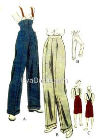 "Originally by Vogue (9016), (\"Easy to Make\") 'Slacks with built-up or regulation waist line and choice of long or below-knee length. Built-up version is dart-fitted at front and back with patch pockets at front.  Slacks finished on belt at waist line have dart fullness released at front and patch pockets at back.  Ribbon suspenders buttoned over elastic loops at front are optional.  Turned back cuffs on long version.  Blouse is not included.' This is a digitally-drafted 7-piece multi-size pat