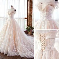 SP1479,Luxury Champagne Lace Off Shoulders Poofy Ball Gown for Wedding Puffy Wedding Dress on Storenvy