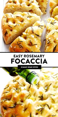 This delicious Rosemary Focaccia Bread recipe is easy to make, and topped with fresh rosemary, olive oil and flaky sea salt. Easy to make as a side for dinner, and it also freezes well! | gimmesomeoven.com #focaccia #bread #italian #side #vegetarian #baking