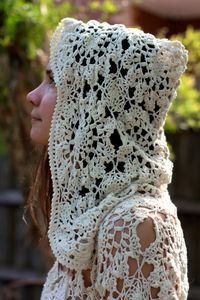 Beautiful Lace Hooded Poncho Perfect for Summer and Festival wear - 100% Handmade Lace - Lace Hem detail - Fine detailing around Hood - Long Bell Sleeves - Lace ties to adjust hood - Drapes beautifully - Breathable, Durable and warm Completely handmade crochet lace jumper with hood and lace ties.