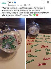 Each year, add an ornament to the classroom Christmas tree that has the names of every student in your classroom this year! The names are “hidden” on the inside, but each time you look at it you will be reminded of each student whose life you touched that year! Add a vinyl sticker on the outside with the current year, the grade, and their presumable graduation year. Such sweet keepsakes🎄 #teacher #christmas #ornament #diy #class #tree #students #memories