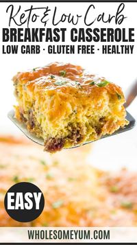 Healthy Keto Low Carb Breakfast Casserole Recipe with Sausage and Cheese - Gluten Free - A gluten-free low carb breakfast casserole recipe with sausage and cheese - just 6 ingredients! This keto sausage, egg and cheese casserole without bread is easy to customize with vegetables, too. #wholesomeyum #lowcarb #keto #breakfast #glutenfree