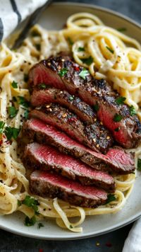 Indulge in the perfect pairing of tender steak and creamy pasta—an unforgettable combination for any meal! 🍽️ #SteakAndPasta #ComfortFood #DinnerIdeas #SteakLovers #PastaRecipes #HeartyMeals #FoodieFavorites #QuickDinner