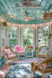 Step into a whimsical sunroom where fairy lights and pastels create a magical vibe. A playful retreat for dreaming and relaxation. Check out more magical spaces.