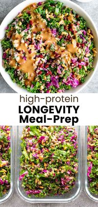 This delicious Healthy High-Protein Meal-Prep Salad Recipe is your weekly insurance for getting enough iron, protein, heart-healthy fats, antioxidants, and essential nutrients! Plus, it's made with optional evidence-based anti-aging ingredients shown to help reverse visible signs of cellular aging. (Nut-free, with a gluten-free option.)