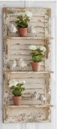 Distressed White Wood Shuttered Shelf Wood 39"H x 16.5"W x 5"D 13865A ﻿Shelving, Shelves, Decor, Wall Hanging, Organize, Home, Cream