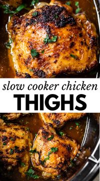 This Slow Cooker Chicken Thighs recipe will show you how to cook chicken thighs in your crock pot! The result is juicy, tender and flavorful chicken that falls right off the bone.  