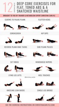 12 Deep Core Exercises and text that says 12 Deep Core Exercises for Flat, Toned, Abs & a Snatched Waistline