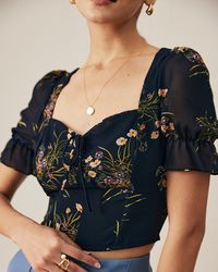 The Fitted Floral Print Crop Blouse-Black-S,M,L | RIHOAS – rihoas