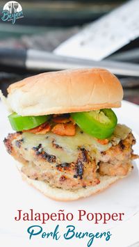 These jalapeno popper stuffed pork burgers are made with ground pork and filled with cream cheese, fresh jalapeno slices, and bacon pieces then topped with even more cheese for the perfect spicy pork burgers recipe.