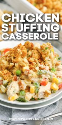 Chicken Stuffing Casserole only has 5 simple ingredients. Everything cooks in one dish, making this dish a super easy option for dinner! #spendwithpennies #chickenstuffingcasserole #recipe #stovetopstuffing #casserole