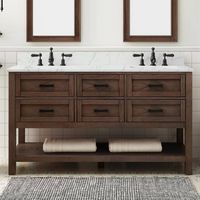 This brown oak double sink vanity features high-quality engineered Carrara marble with backsplash, which sits on the top of the cabinet. It's real wood cabinet construction provides beautiful effects, ensuring that your bathroom showcases a modern aesthetic feel that incorporates all expected functional requirements. It comes with 2-tip-out trays, 4-drawers, and the top middle drawer with the divider allowing you more open space for storage. The double under-mount ceramic sinks allow you enough