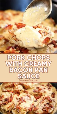 This recipe for Pork Chops with Creamy Bacon Pan Sauce combines juicy pork chops with an easy garlic and bacon cream cheese pan sauce. It makes an amazing weeknight dinner for the whole family!