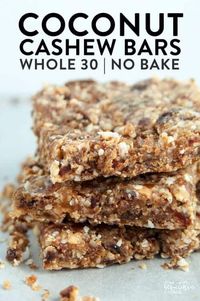 These Coconut Cashew Bars are a new Whole30 snack favorite. I made these with my Vitamix and they were so easy! Dates, coconut, and cashews blended together make a Larabar copycat recipe that's paleo and a healthy snack.