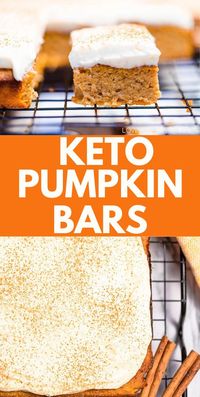 These are the best keto pumpkin bars you'll ever make. Incredible spiced low carb pumpkin bars, super moist, soft, and the cream cheese frosting pairs perfectly with the pumpkin taste. Enjoy low carb pumpkin bars loaded with amazing pumpkin pie spice flavor that is gluten-free, grain-free, and easy to make.  #pumpkin #ketodesserts #ketodiet #ketopumpkinbars #keto 