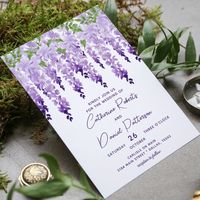 Watercolor Wisteria Floral Elegant Modern Script Wedding Invitations features elegant watercolor wisteria flowers in soft lavender and purple with green leaves on a white background with your Wedding Invitation information below. Part of a collection designed by © Evco Studio. For coordinating items view on www.zazzle.com/store/evcostudio