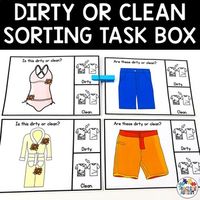 Are you looking for engaging task boxes to add to your life skills activities? Do your students need to work on their functional life skills? If so, these task cards are perfect for your students to work on their recognition of dirty or clean clothing.Students need to look at the image on the task card and answer the question if the piece of clothing is clean or dirty. Students can use a clothing peg or dry-wipe pen to select their answer - clean or dirty.InstructionsPrint the task cards.Cut out